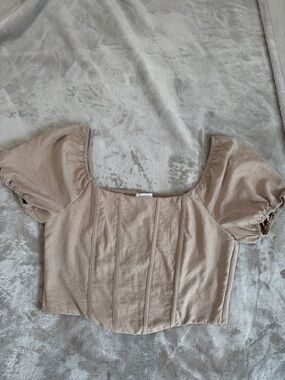 iris Beige Puff-Sleeve Square Neck Crop Top